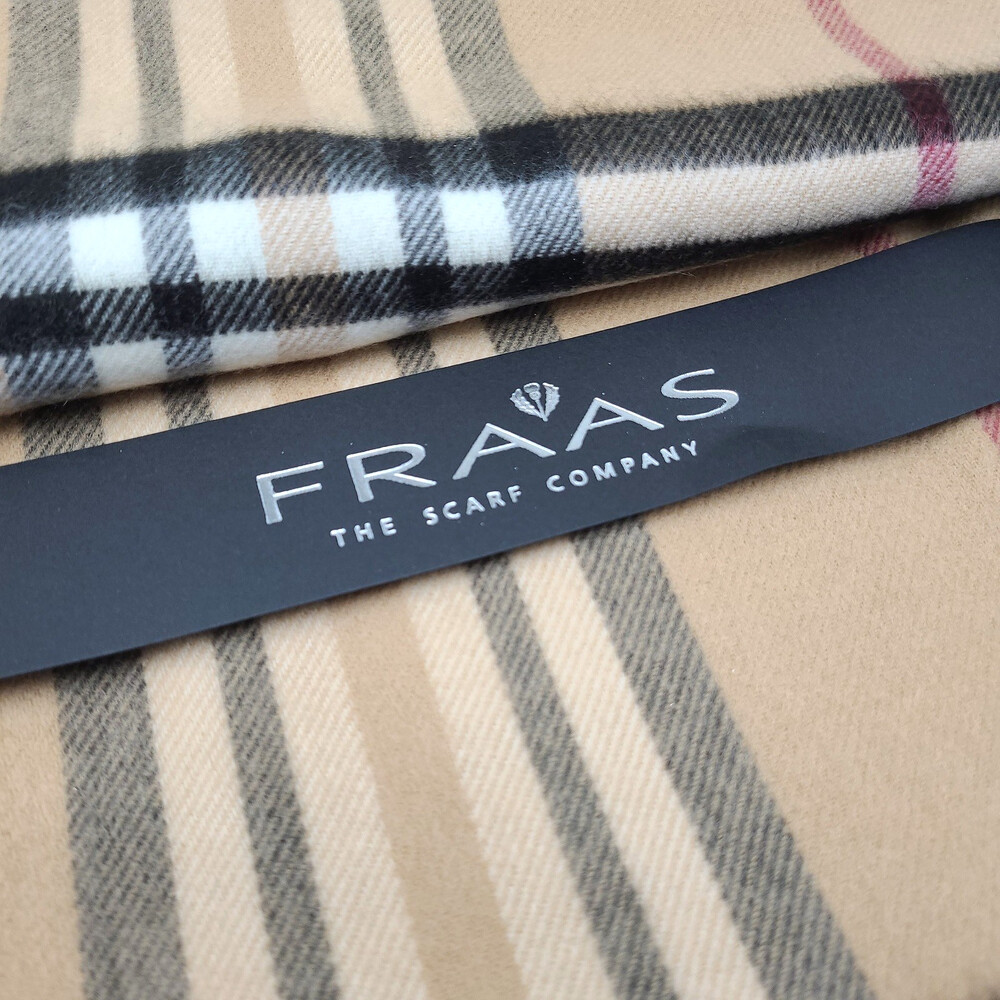 FRAAS Cashmink Plaid Scarf Made In Germany Camel Check Fringe With Box NWT